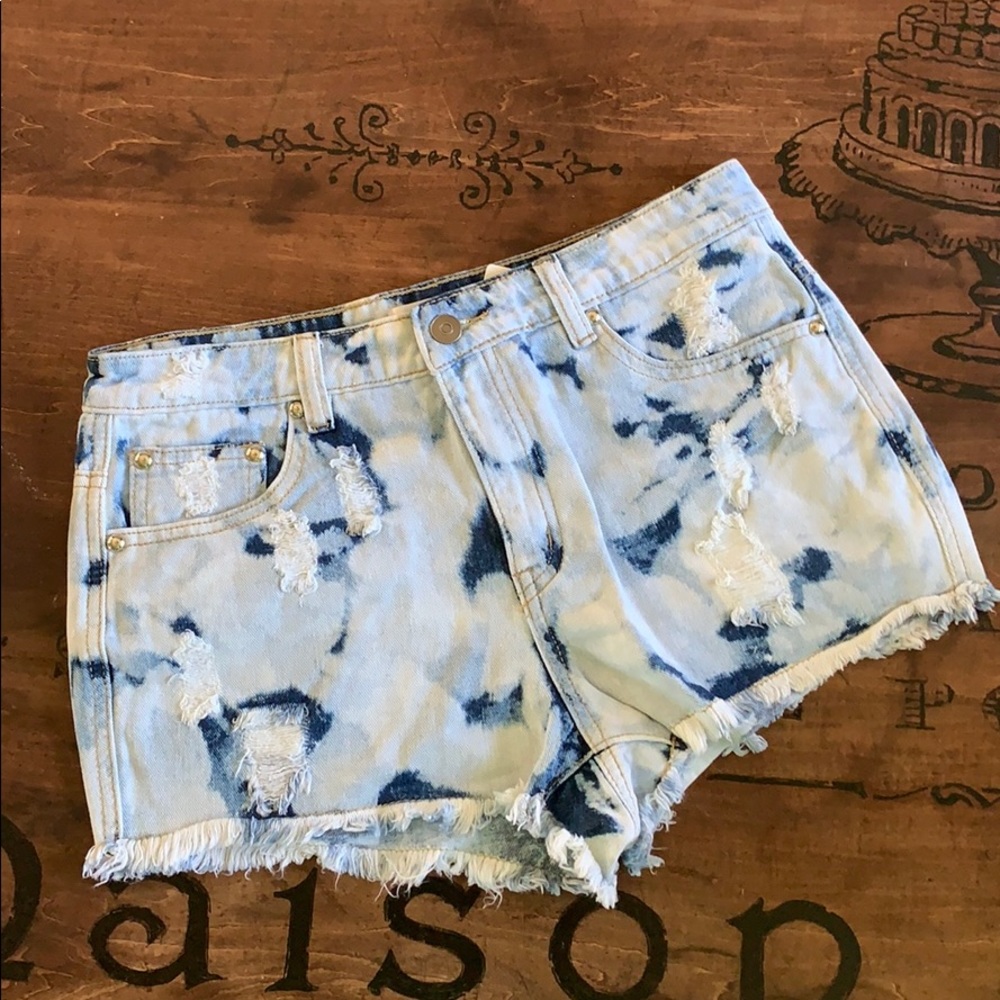 Bleach dyed, ripped jean shorts